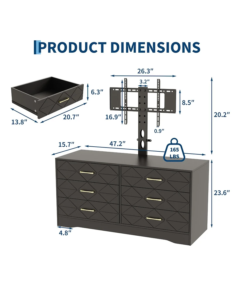 homfan Modern Tv Stand Dresser with Adjustable Mount for 32-80 Inch TVs, 6 Drawer Storage Cabinet, Media Console Table, Bedroom