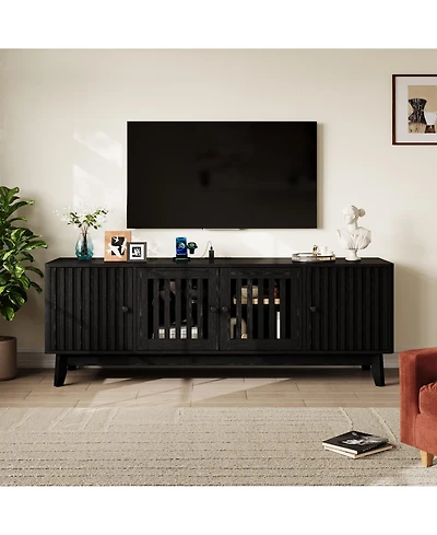 homfan 63" Tv Stand with Power Outlet, 4-Door Grille Media Console Adjustable Shelf, Entertainment Center Round Handles