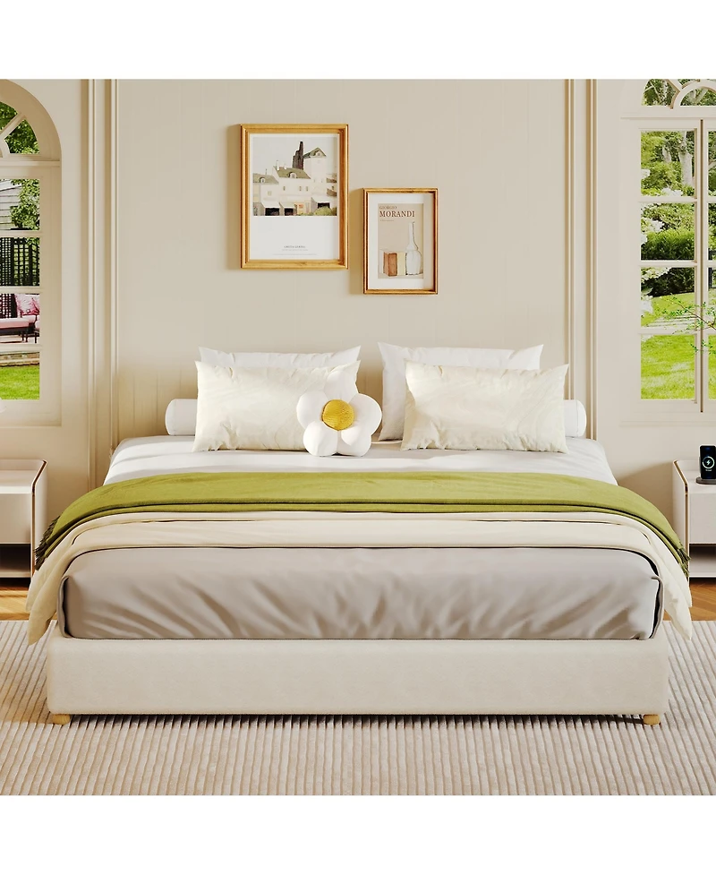 homfan Minimalist Queen Cloud Frame Corduroy Upholstered, Low Platform, Round Wood Legs, No Headboard, No Box Spring Needed, Quiet and Easy Assembly