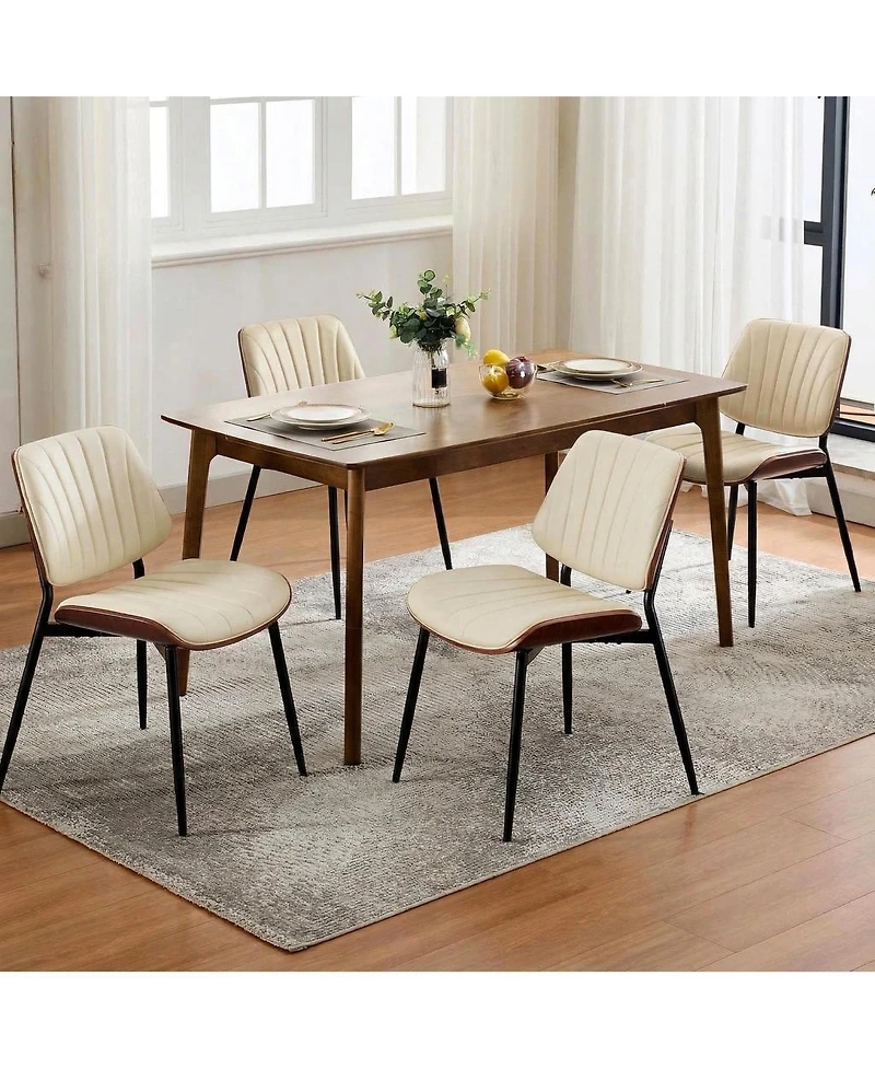 homfan Set of 4 Modern Dining Chairs, Upholstered Pu Leather Kitchen Side Chairs with Curved Walnut Bentwood Back, Metal Legs and Adjustable Feet