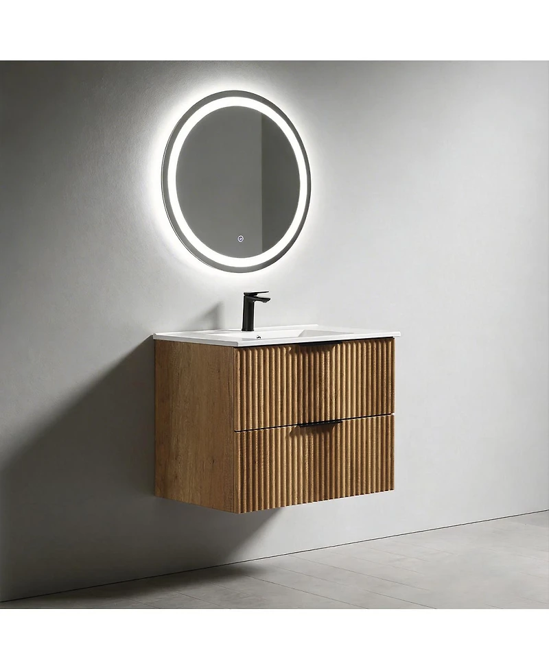 Sillysis Wall Mounted Bathroom Vanity with 3D Fluted Drawer, Integrated Ceramic Sink