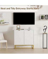 homfan Set of 2 Modern Sideboard Buffet Cabinet, Wood Accent Storage with Herringbone Doors and Shelves, Credenza Console Table