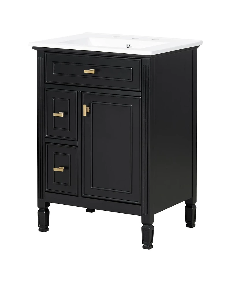 Sillysis 24 Inch Modern Bathroom Vanity with Ceramic Sink, Solid Wood Frame, Flip Drawer and Ample Storage Cabinet