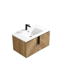 Sillysis Modern Wall Mounted Bathroom Vanity, 3D Fluted Double Door Cabinet, Integrated Ceramic Sink
