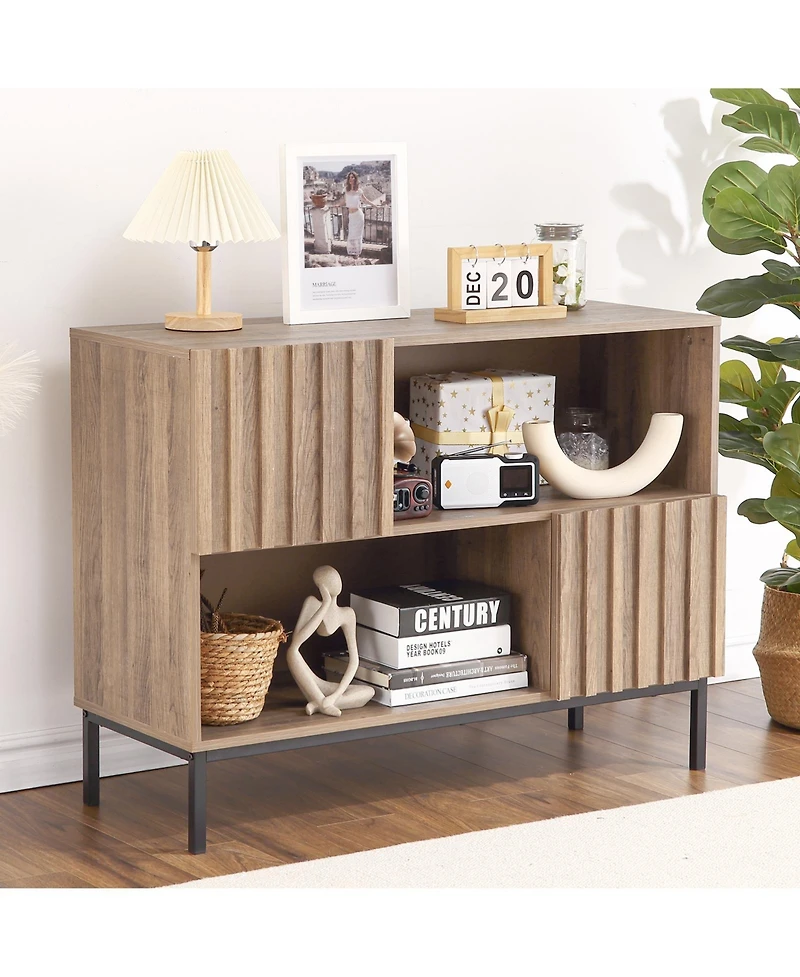 homfan Modern Farmhouse Entryway Console with Wavy Pattern, Storage Buffet with Display Shelves, Metal Legs and Soft-Close Doors for Multi-Space Use