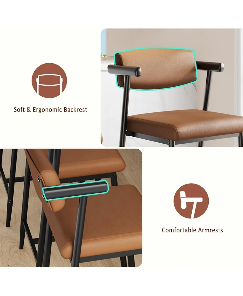 homfan Set of 8 Bar Stools with Arms, 26" Counter Height Metal Barstools with Back and Footrest, Upholstered Wider Seat, Sturdy Frame