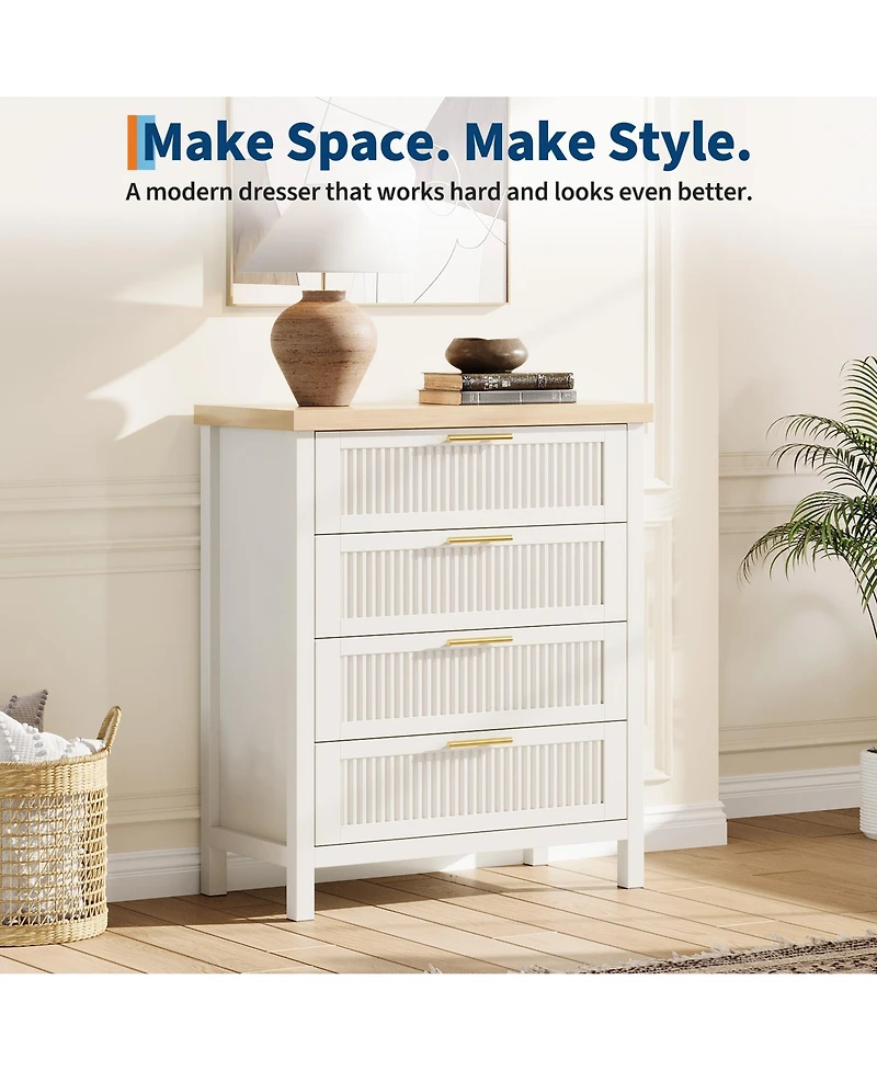 homfan Fluted Drawers Dresser, 30 Inch Wood Chest of Drawers with 4 Drawers for Bedroom, Living Room