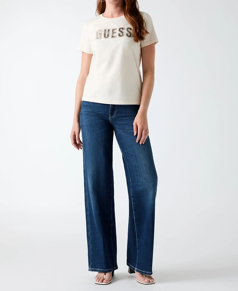 Guess Women's Script Rhinestone Logo Crewneck T-Shirt