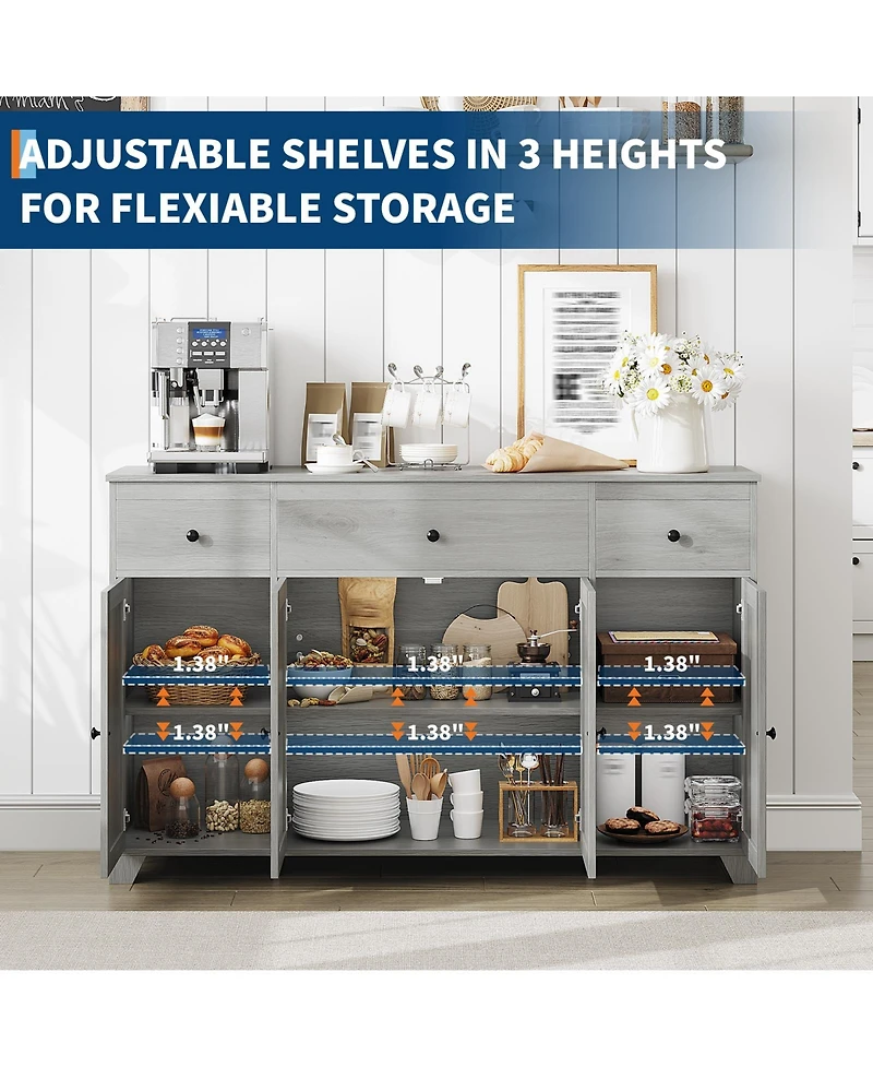 homfan 55 Inch Large Sideboard Buffet Cabinet with 3 Drawers and Doors, Farmhouse Storage Console Table Coffee Bar with Adjustable Shelf