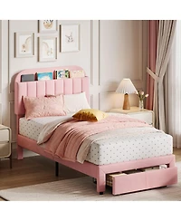 homfan 2 Piece Twin Velvet Upholstered Platform Bed Frame with Storage Bookcase Headboard and Large Drawer, No Box Spring Needed, Easy Assembly