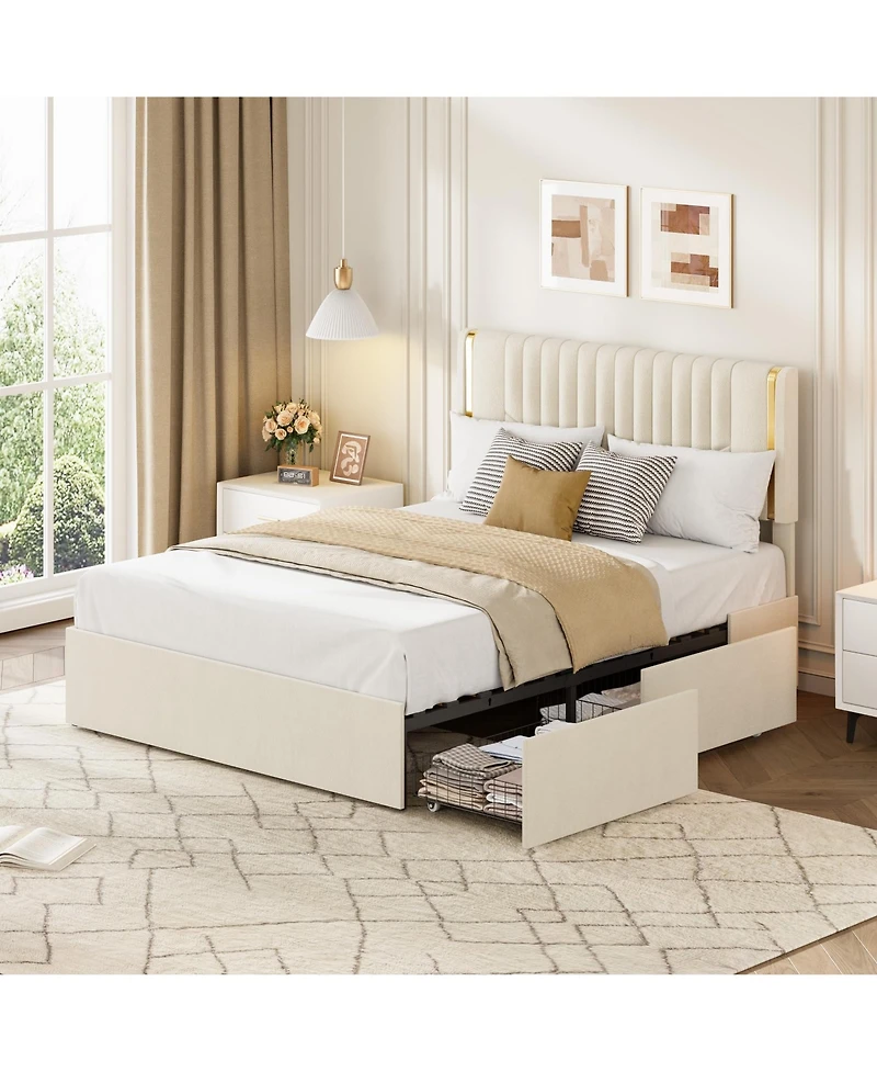 homfan Bed Frame with Adjustable Upholstered Headboard, Vertical Channel Tufted Platform with 4 Storage Drawers, Wooden Slats Support
