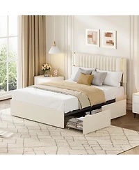 homfan Bed Frame with Adjustable Upholstered Headboard, Vertical Channel Tufted Platform with 4 Storage Drawers, Wooden Slats Support