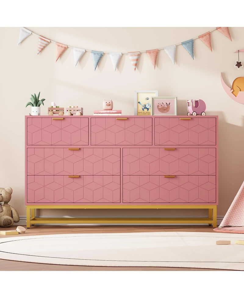 homfan Wide Dresser for Bedroom, Modern 7 Chest of Drawers Triple Dresser with Gold Accents, Long Storage Organizer for Tv Stand and Closet