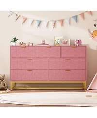 homfan Wide Dresser for Bedroom, Modern 7 Chest of Drawers Triple Dresser with Gold Accents, Long Storage Organizer for Tv Stand and Closet