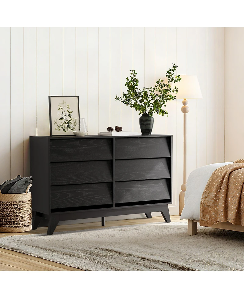 homfan Modern 6 Drawer Dresser for Bedroom, Wide Wooden Chest of Drawers, Beveled Fronts, Storage Cabinet for Living Room, Entryway, Hallway, Closet