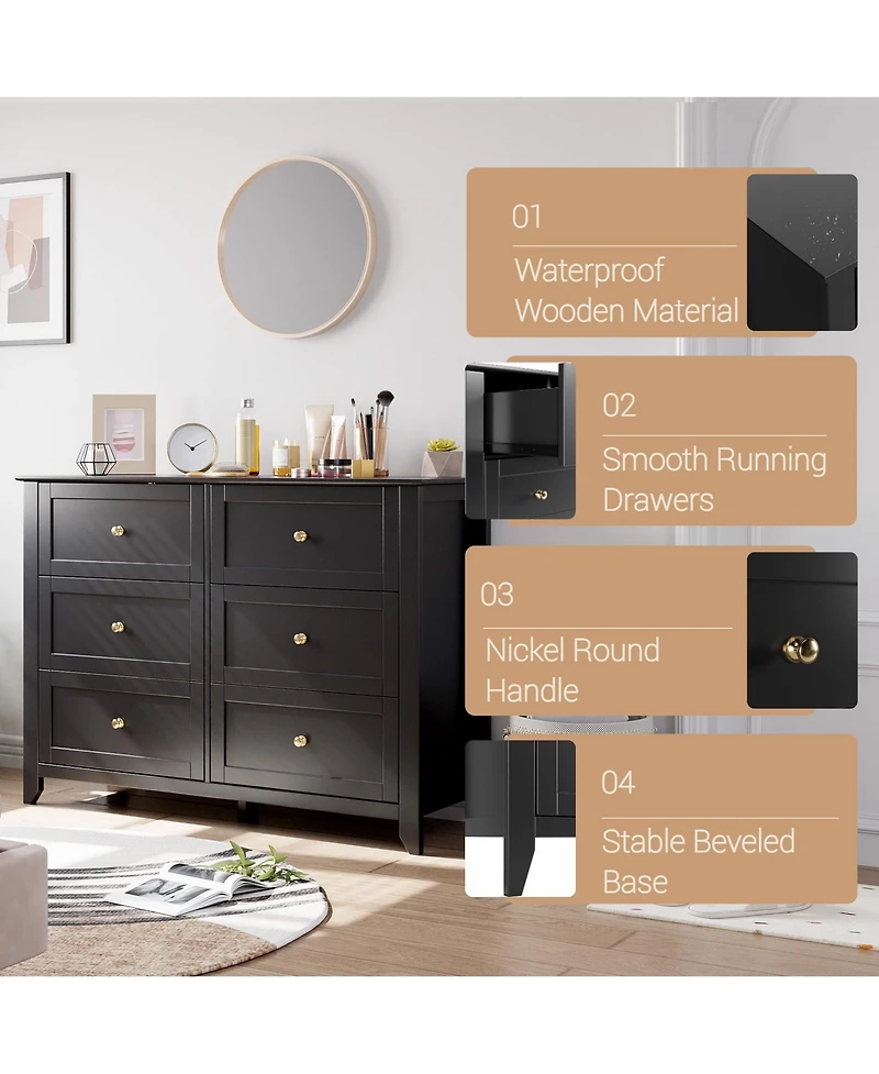 homfan 2 Set of 6 Drawer Dresser for Bedroom, Modern Double Chest of Drawers with Deep Storage, Wide Storage Organizer Unit for Closet, Living Room