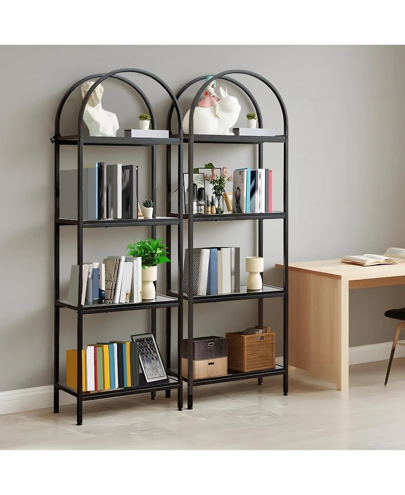 homfan Modern Arched Metal Frame Bookshelf, 4/5-Tier Vertical Storage Shelf with Anti-Tip Straps, Space-Saving Easy-Assembly Home Office Display Rack