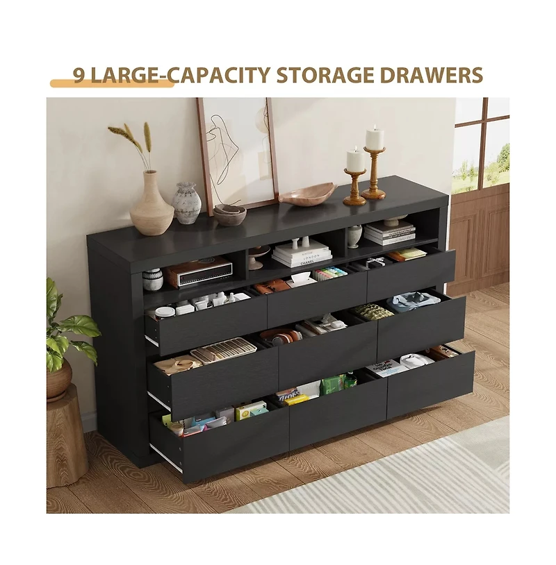 homfan 9 Drawer Dresser, Modern Wooden Chest of Drawers with 3 Open Shelves, Dresser for Bedroom, Living Room, Closet Storage