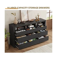 homfan 9 Drawer Dresser, Modern Wooden Chest of Drawers with 3 Open Shelves, Dresser for Bedroom, Living Room, Closet Storage