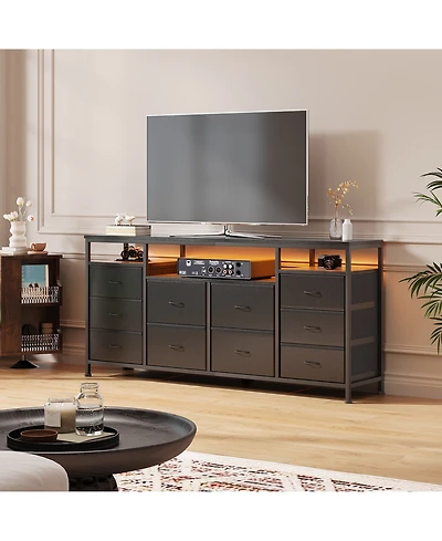 homfan 10-Drawer Dresser Tv Stand with Led Lights and Power Outlets, Long Storage Cabinet for 65-75 Inch TVs, Modern Chest Bedroom