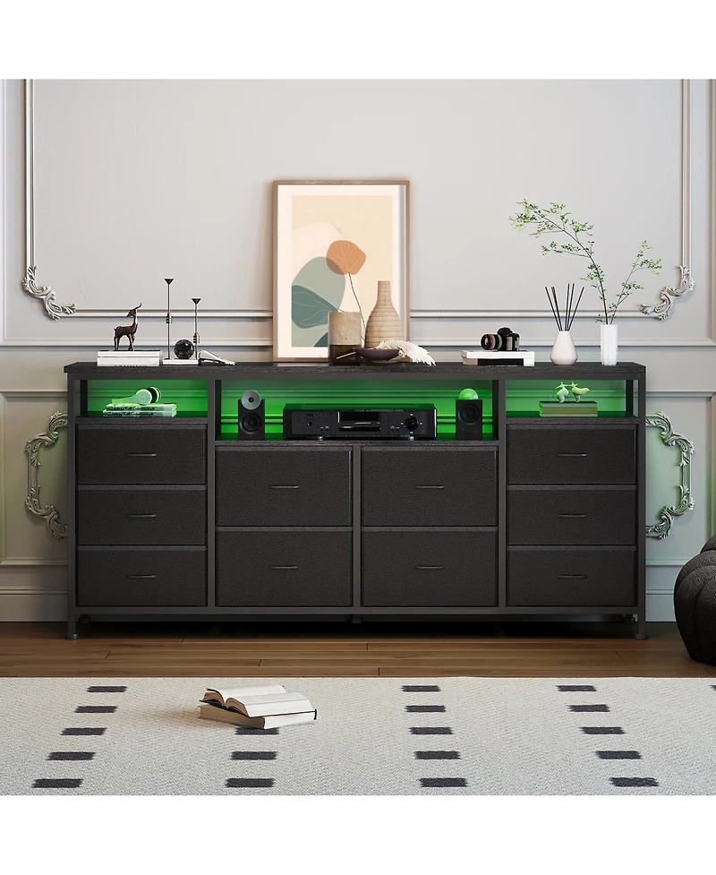 homfan 10-Drawer Dresser Tv Stand with Led Lights and Power Outlets, Long Storage Cabinet for 65-75 Inch TVs, Modern Chest Bedroom