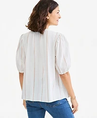 Style & Co Women's Striped Smocked Elbow-Sleeve Cotton-Linen Blend Top, Macy's Exclusive