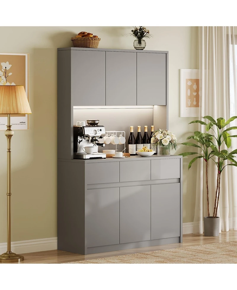 homfan Tall Kitchen Pantry Cabinet with Led Lights and Power Outlets – Adjustable Shelves, Handless Doors, Microwave Stand, Storage Hutch