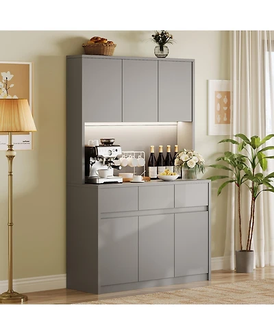 homfan Tall Kitchen Pantry Cabinet with Led Lights and Power Outlets – Adjustable Shelves, Handless Doors, Microwave Stand, Storage Hutch