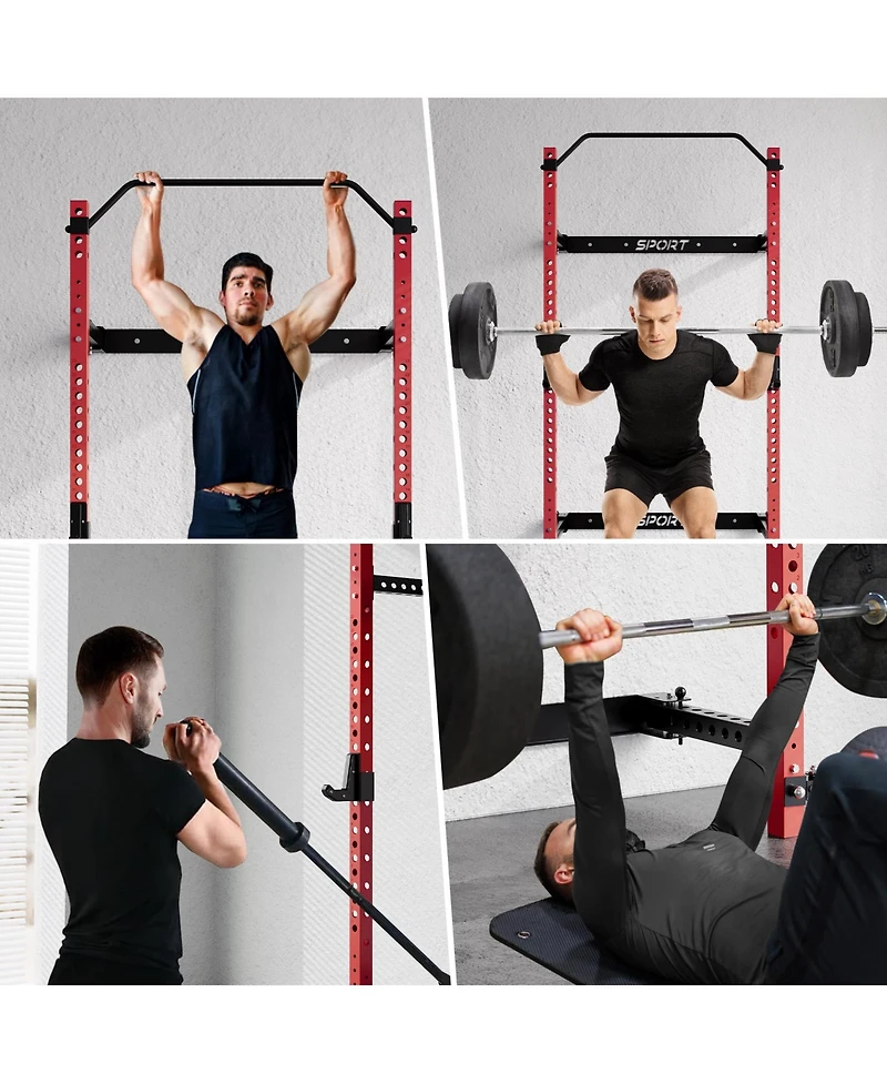 homfan 89" Wall-Mounted Folding Squat Rack with Spotter Arms, Home Gym Power Rack for Bench Press Pull Ups Exercise