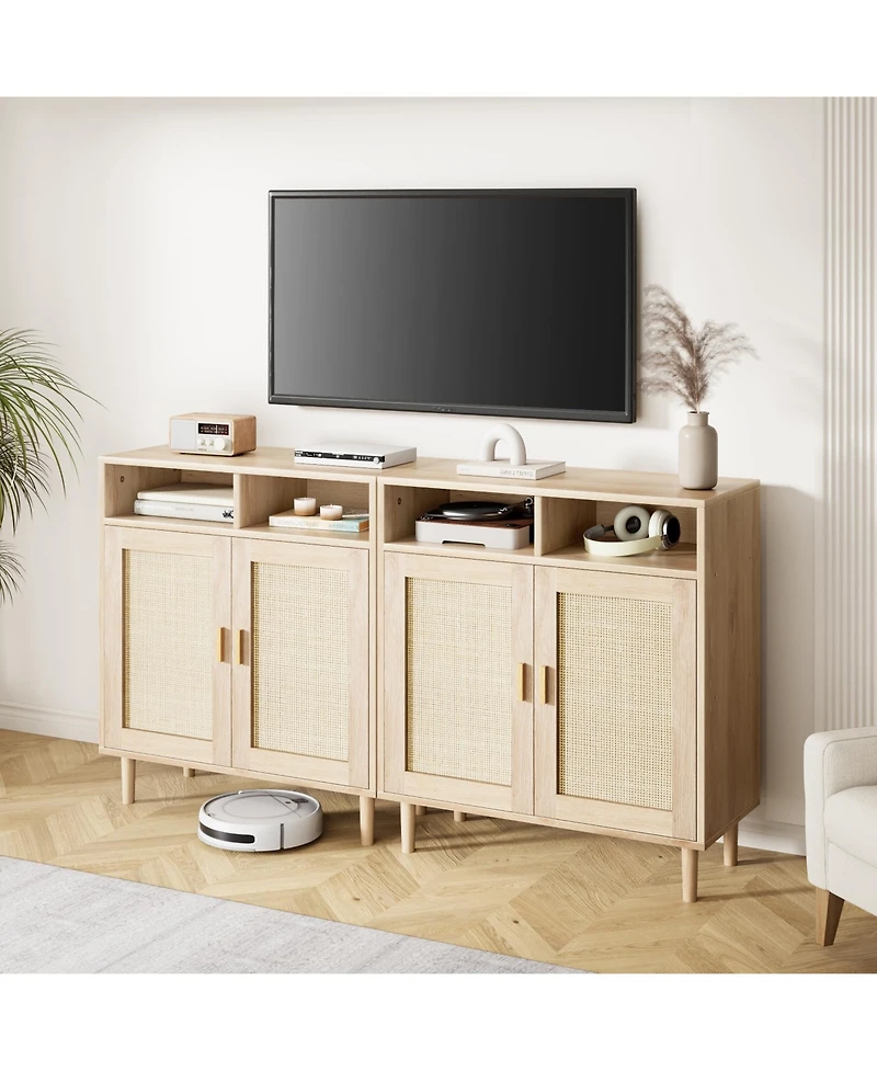 homfan 2-Pack Boho Rattan Coffee Table and Buffet Cabinet Set, 2-Door with Open Shelf, Adjustable Multi-Purpose Console for Home Spaces
