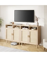 homfan 2-Pack Boho Rattan Coffee Table and Buffet Cabinet Set, 2-Door with Open Shelf, Adjustable Multi-Purpose Console for Home Spaces