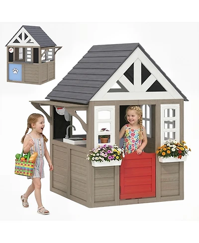 Qaba Outdoor Playhouse with Dog Door, Flower Box, Cookware for Backyard