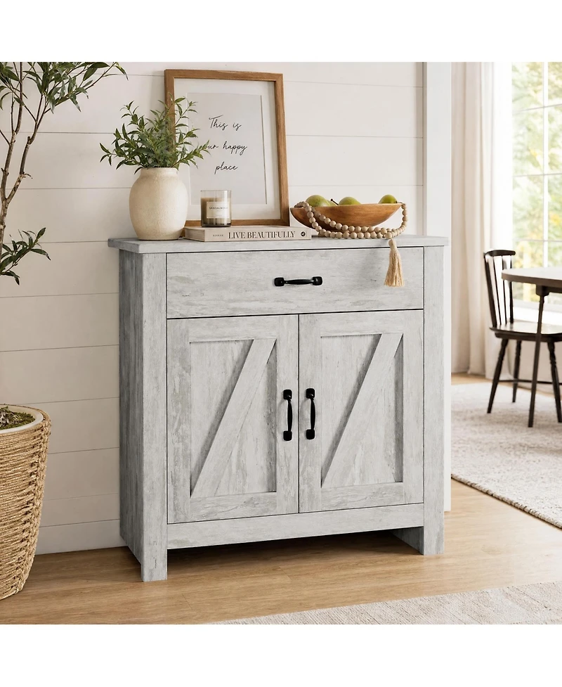 homfan Modern Farmhouse Freestanding Buffet Hutch, Space-Saving Wooden Sideboard with Drawer and Adjustable Shelves for Home Storage