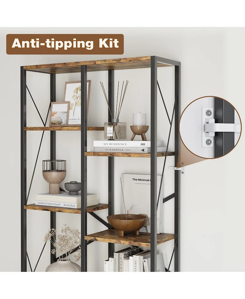 Industrial 5-Tier Bookshelf - Rustic Wood and Metal Bookcase with Spacious Open Shelves, Farmhouse Standing Storage Rack for Living Room, Bedroom