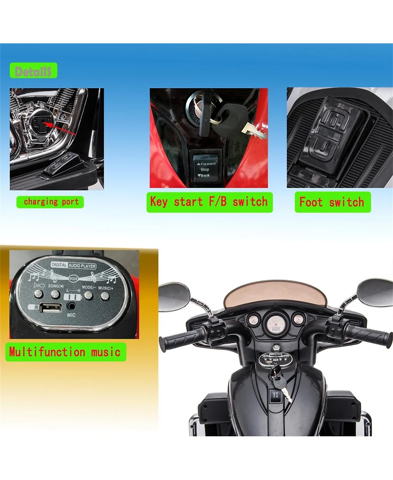 Yobtop Kids Ride On Motorcycle 12V - Led Lights Electric Toy, Wireless Music, Storage Trunk, Pu Seat, Forward and Reverse, Rechargeable, Ages 3-6