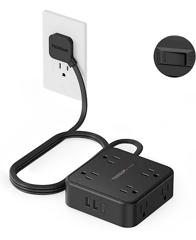 Tessan Surge Protector Power Strip , 5 Feet Flat Plug Extension Cord with 3 Usb (1 Usb C) 8 Outlets, 900J Surge Protection, 3 Sided Outlet Extender