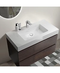 Sillysis Walnut Floating Bathroom Vanity with Double Soft Close Drawers, Handle-Free Design and Large Storage for Modern Bathrooms