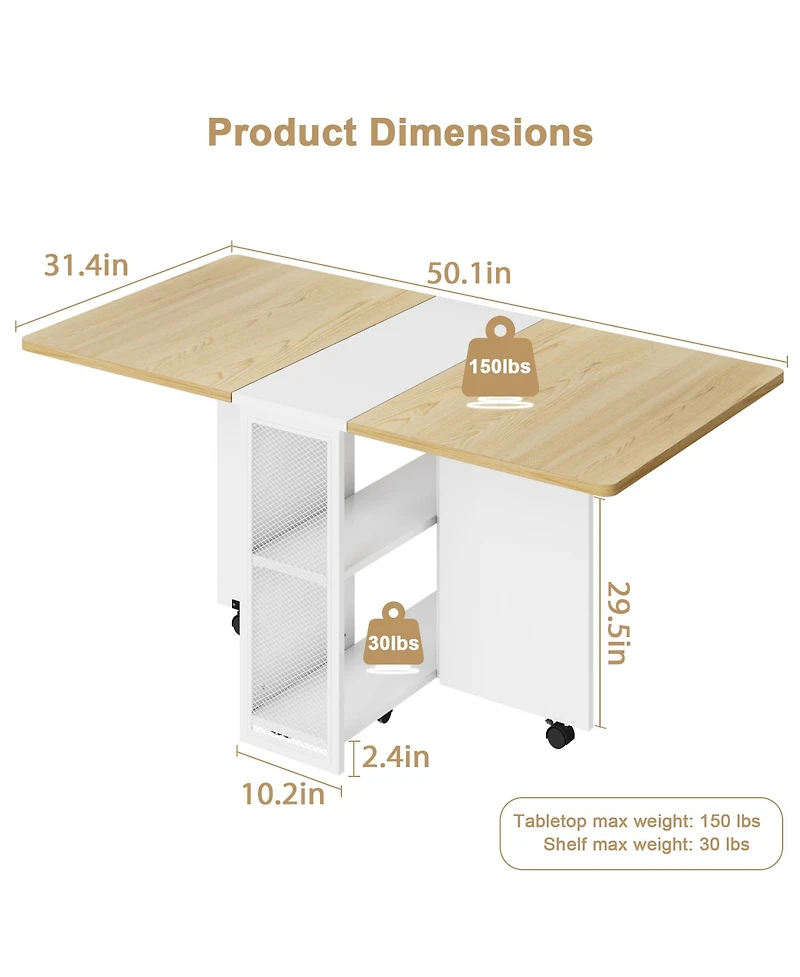 homfan Folding Drop Leaf Table, 2-Tier Storage Shelf with Lockable Casters, Heavy Duty Multi-use Home Dining and Writing Desk