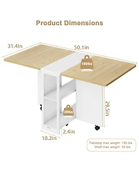homfan Folding Drop Leaf Table, 2-Tier Storage Shelf with Lockable Casters, Heavy Duty Multi-use Home Dining and Writing Desk