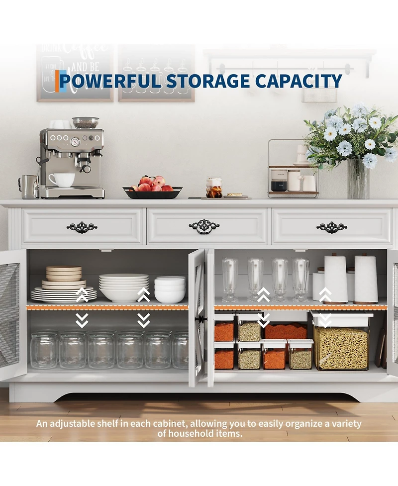 homfan Farmhouse Sideboard with Charging Station, 3 Drawers and 4 Doors, Adjustable Shelf Storage Coffee Bar for Home Use
