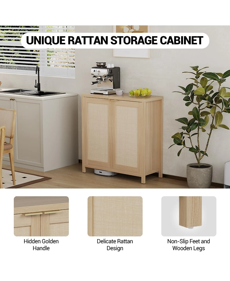 homfan Modern Rattan Storage Cabinet, 2 Doors, Adjustable Shelves, Hidden Gold Handles, Freestanding Entryway Sideboard for Kitchen, Dining Room