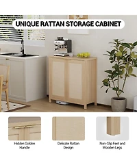 homfan Modern Rattan Storage Cabinet, 2 Doors, Adjustable Shelves, Hidden Gold Handles, Freestanding Entryway Sideboard for Kitchen, Dining Room