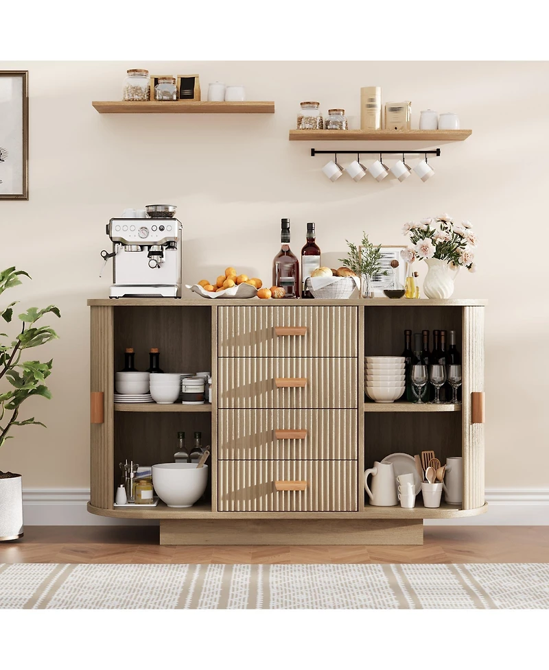 homfan Fluted Sideboard Cabinet with 4 Drawers and 2 Arched Sliding Doors, Multi-Functional Storage Console for Dining and Living Room