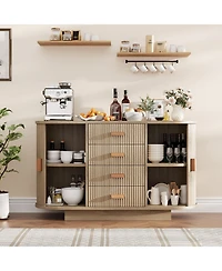 homfan Fluted Sideboard Cabinet with 4 Drawers and 2 Arched Sliding Doors, Multi-Functional Storage Console for Dining and Living Room