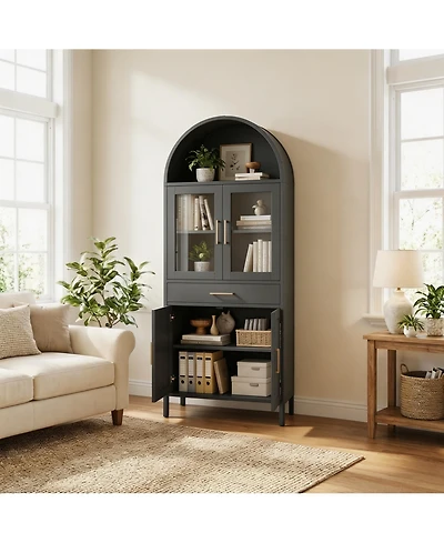 homfan Modern Arched Glass Door Storage Cabinet, Cold-Rolled Steel Tall Organizer with Adjust Shelves and Drawer, Anti-Tip Space-Saving Home Furniture