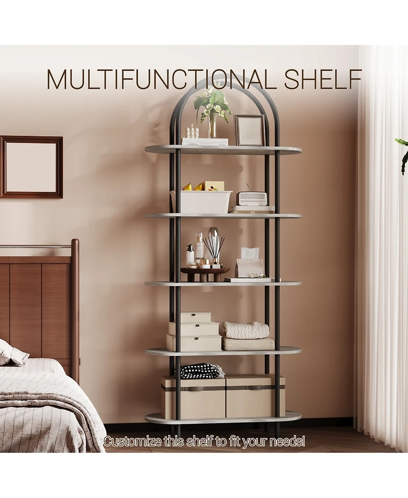 homfan Arched Bookshelf with 5-Tier Shelves, Industrial Open Bookcase for Living Room Home Office