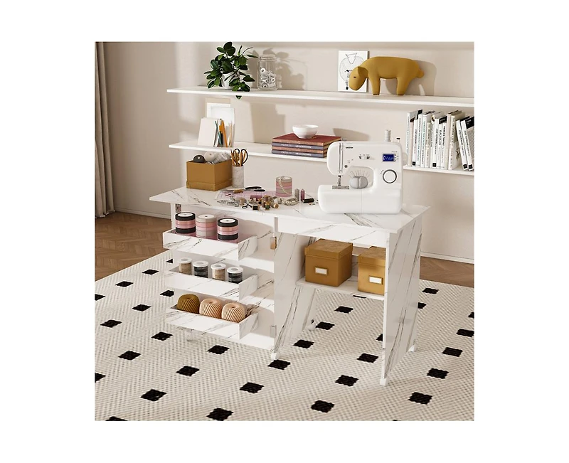 Yobtop Folding Sewing Table for Diy 4-in-1 Craft Station with Lockable Wheels, End Table and Computer Desk, Kitchen Storage Shelves