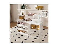 Yobtop Folding Sewing Table for Diy 4-in-1 Craft Station with Lockable Wheels, End Table and Computer Desk, Kitchen Storage Shelves