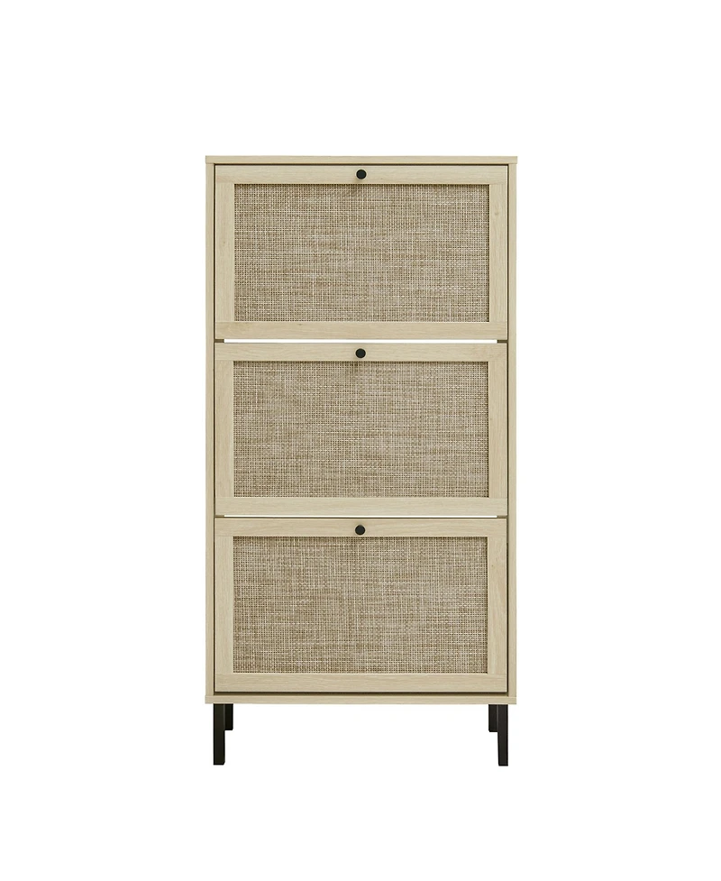 Rainsken Rattan 3 Door Shoe Rack, Freestanding Shoe Storage Cabinet with Metal Base and Anti-Slip Feet, Anti-Tipping Design for Entryway