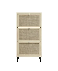 Rainsken Rattan 3 Door Shoe Rack, Freestanding Shoe Storage Cabinet with Metal Base and Anti-Slip Feet, Anti-Tipping Design for Entryway